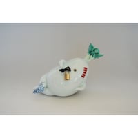 小橋順明 ”開けてはいけないB（足に蛸唐草）” H19×W9×D8cm 陶・毛糸・南京錠・金具