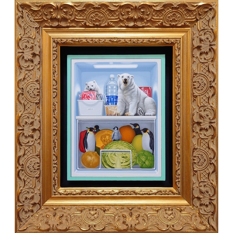 釜 匠 「ミニ冷蔵庫」 2024/木製パネルに綿布・アクリル絵の具/作品