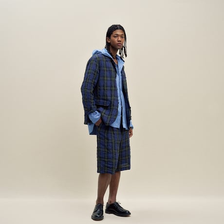 Washed Linen Tartan Plaid Cloth / Patch & Flap Pocket Shirt Collar Jacket