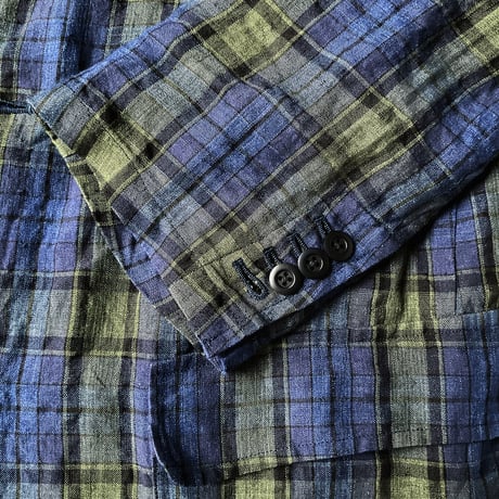 Washed Linen Tartan Plaid Cloth / Patch & Flap Pocket Shirt Collar Jacket