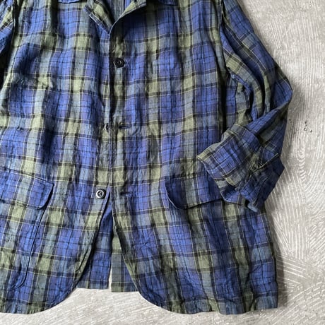 Washed Linen Tartan Plaid Cloth / Patch & Flap Pocket Shirt Collar Jacket