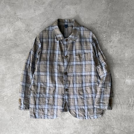 Washed Linen Tartan Plaid Cloth / Patch & Flap Pocket Shirt Collar Jacket