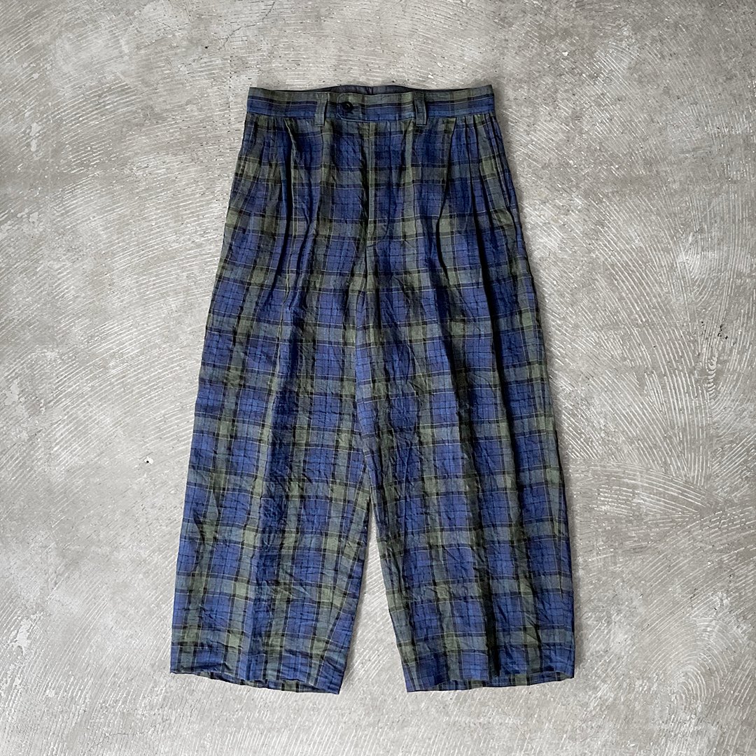 ts(s) Washed Linen Tartan Plaid Cloth / 3 Tuck Baggy Pants
