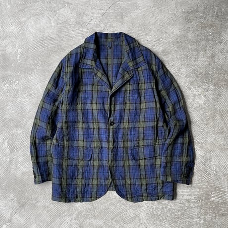 Washed Linen Tartan Plaid Cloth / Patch & Flap Pocket Shirt Collar Jacket