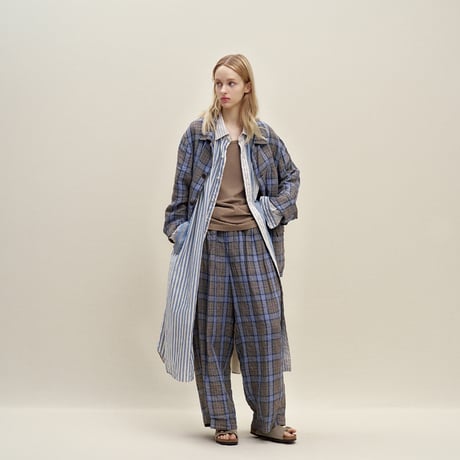 Washed Linen Tartan Plaid Cloth / Patch & Flap Pocket Shirt Collar Jacket