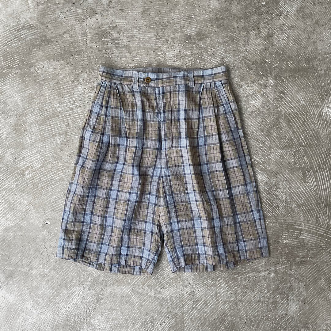 ts(s) Washed Linen Tartan Plaid Cloth / 3 Tuck Baggy Shorts