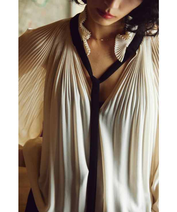 Pleated Frill Blouse With Black Ribbon | L'UNE