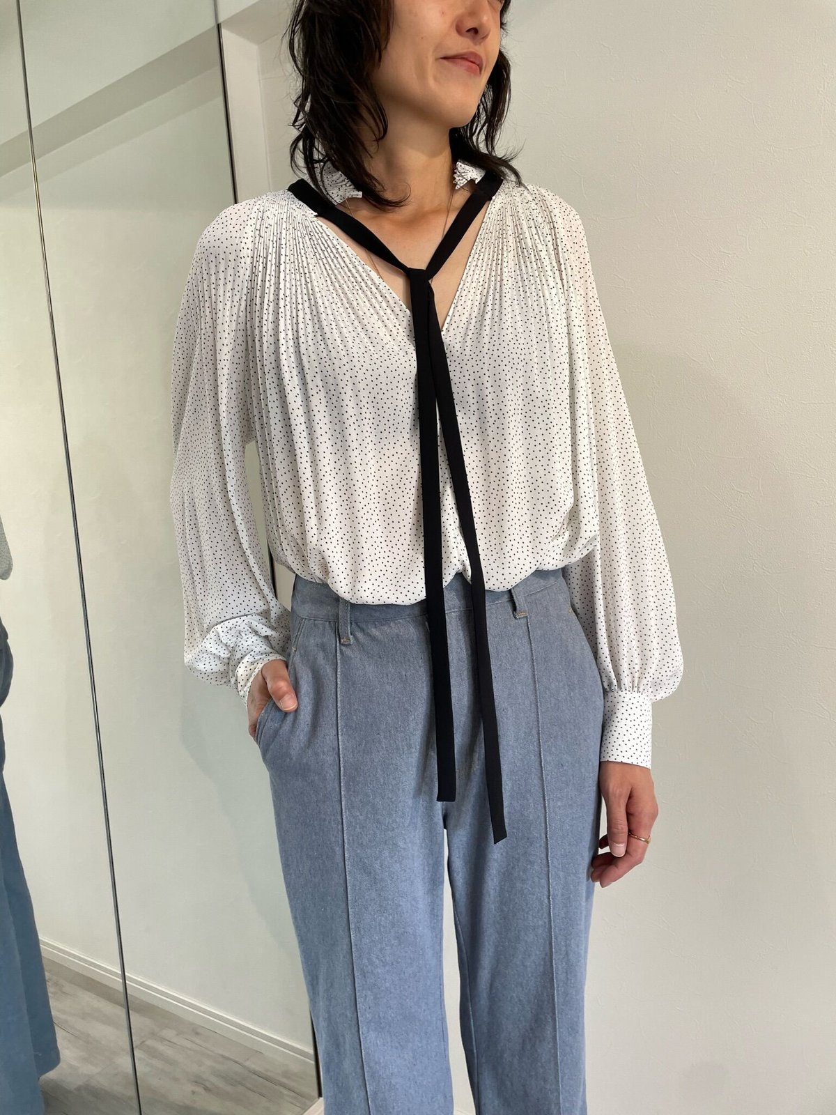 Pleated Frill Blouse Compact Tiny Dots | L'UNE Pleated Frill Blouse Compact Tiny Dots | L'UNE