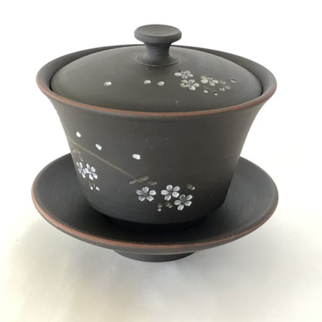 都築青峰 Seiho Tsuzuki 黒 桜印花 蓋碗 皿付　ST0058