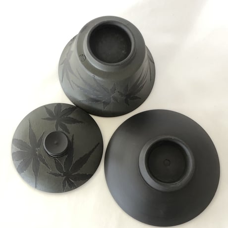 都築青峰 Seiho Tsuzuki 黒 紅葉 蓋碗 皿付　ST0057
