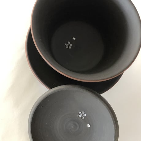 都築青峰 Seiho Tsuzuki 黒 桜印花 蓋碗 皿付　ST0058