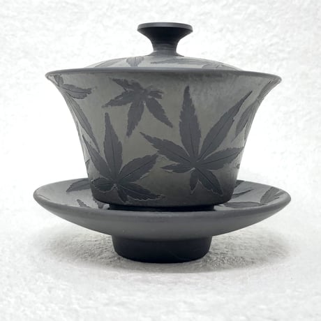 都築青峰 Seiho Tsuzuki 黒 紅葉 蓋碗 皿付　ST0558