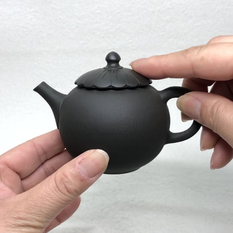 都築青峰 Seiho Tsuzuki 黒 菊型印籠蓋 後手急須　ST0484