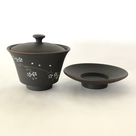 都築青峰 Seiho Tsuzuki 黒 桜印花 蓋碗 皿付　ST0058