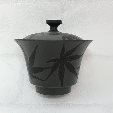 都築青峰 Seiho Tsuzuki 黒 紅葉 蓋碗 皿付　ST0418