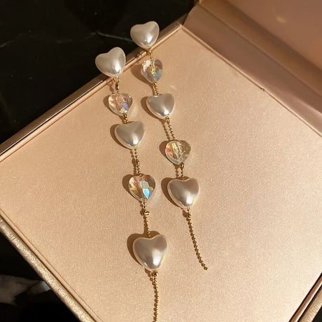 Pearl&Crystal Heart Long Pierce