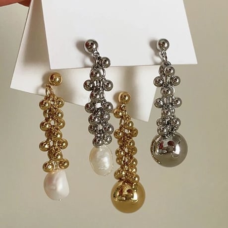 Asymmetry Baroque Pearl&Metal Ball Pierce/2color