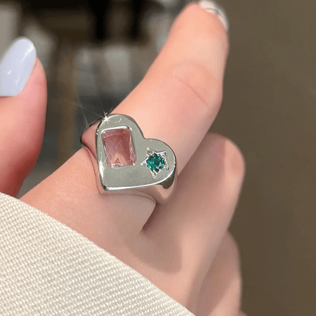 Stone Embed Heart Ring/2color