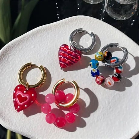 Heart&Hoop Glass Beads Pierce/5color