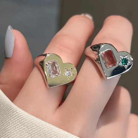 Stone Embed Heart Ring/2color