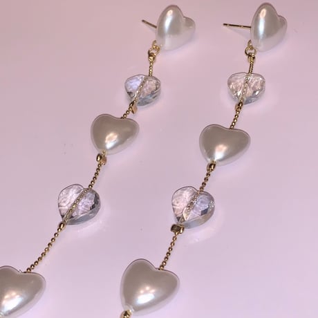 Pearl&Crystal Heart Long Pierce
