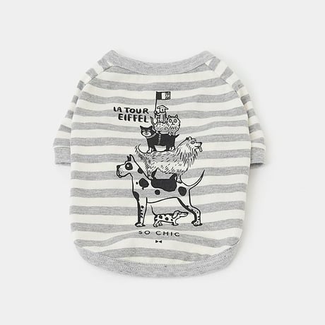 [PET SO CHIC] エッフェル塔 ボーダーTシャツ ベージュ/グレー