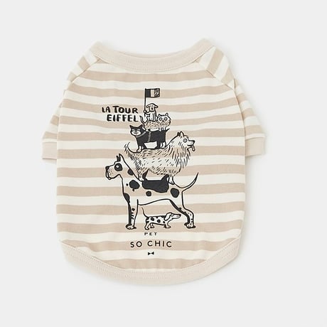 [PET SO CHIC] エッフェル塔 ボーダーTシャツ ベージュ/グレー