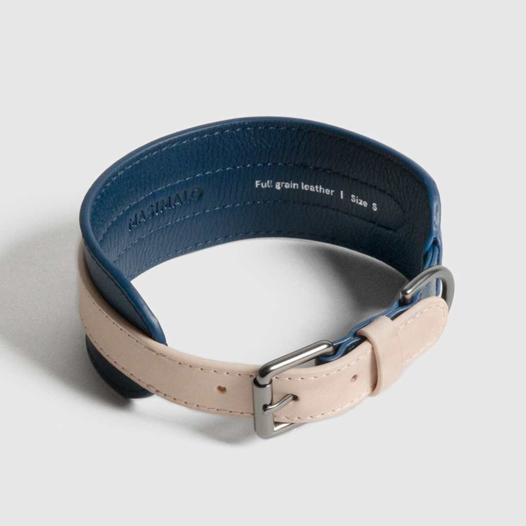 MASIMALO] 本革 ワイド首輪 グリーン/ネイビー | モフモフ