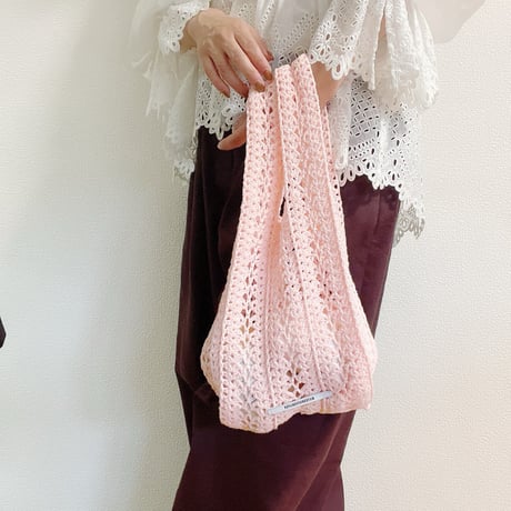 1点物♡編み物ハンドバッグ♡ピンクと白 チェック柄♡パール調♡オーダー不可です♡ 1点物♡編み物ハンドバッグ♡ピンクと白 チェック柄♡パール調♡