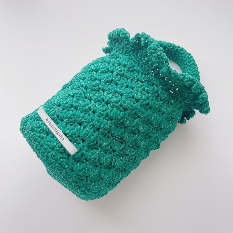 1点物♡編み物ハンドバッグ♡ピンクと白 チェック柄♡パール調♡