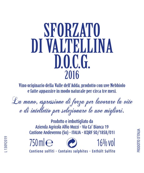 スフォルツァート ディ ヴァルテッリーナ2016 / アルフィオ・モッチィ　Sforzato di Valtellina  / Alfio Mozzi
