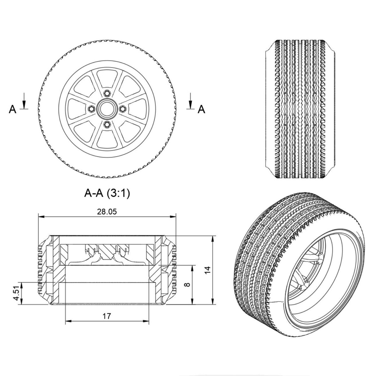 1/18スケール 14インチ ホイールRSW＆引っ張りタイヤセット（深リム