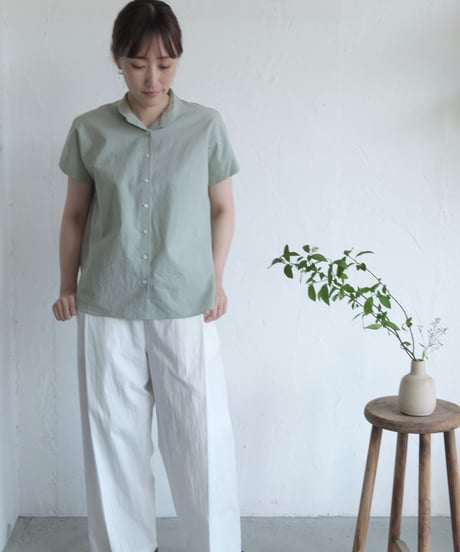 【AURA】コットン和紙　スタンドカラーフレンチスリーブシャツ
