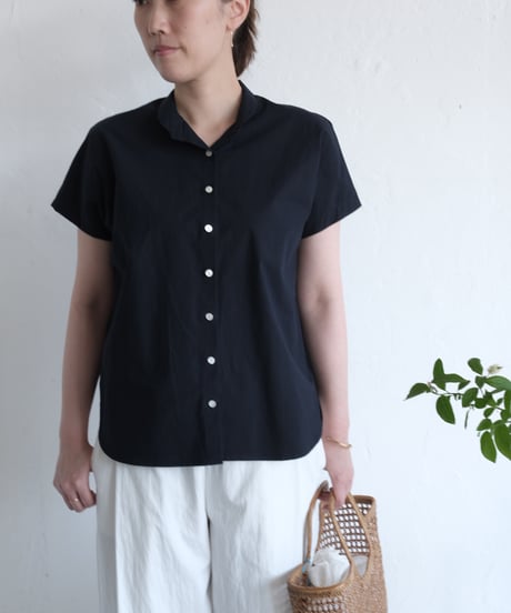 【AURA】コットン和紙　スタンドカラーフレンチスリーブシャツ