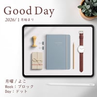 2026年1月始まり「Good Day」横タイプ[月曜始まり／週：ブロック／日：ドット／色：アクア]