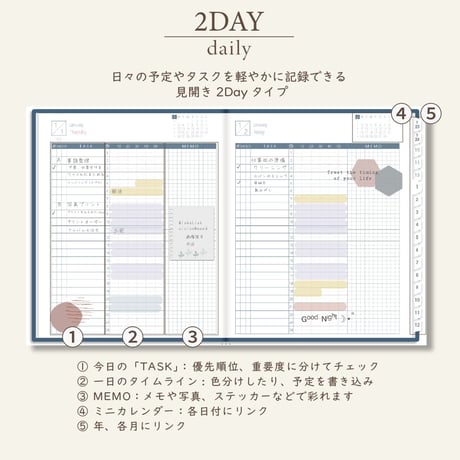 2026年1月始まりスケジュールプランナー[月曜始まり／週：レフト／日：２DAY／色：ネイビー]