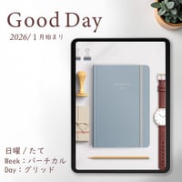 2026年1月始まり「Good Day」縦タイプ[日曜始まり／週：バーチカル／日：グリッド／色：アクア]