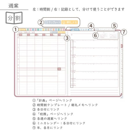 2026年度「先生手帳特別支援学級（中学校版）」【週案：分割型】【色：サクラ】