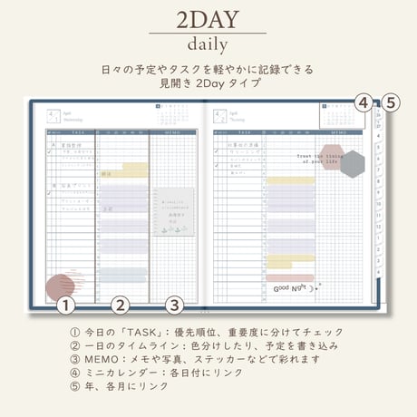 2026年4月始まりスケジュールプランナー[月曜始まり／週：ブロック／日：２DAY／色：ネイビー]