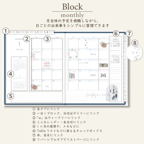 2026年1月始まりしごと手帳[月曜始まり／週：ブロック／日：１DAY／色：ネイビー]