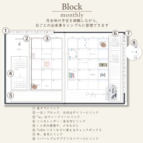 2026年4月始まりしごと手帳[日曜始まり／週：ブロック／日：２DAY／色：モノ]