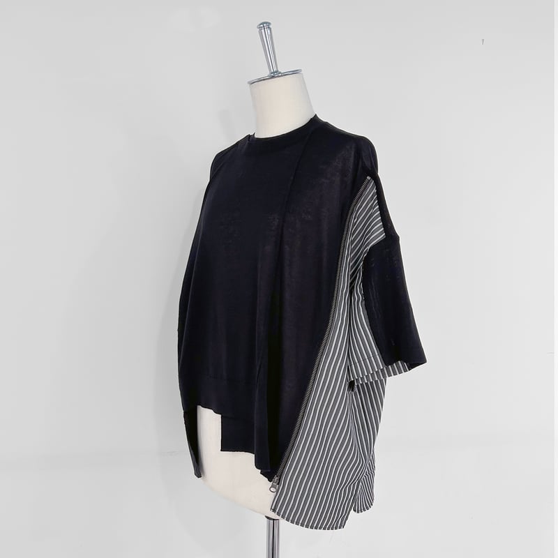 Parc.1】Stripe Mix asymmetry Knit tops | Parc.1