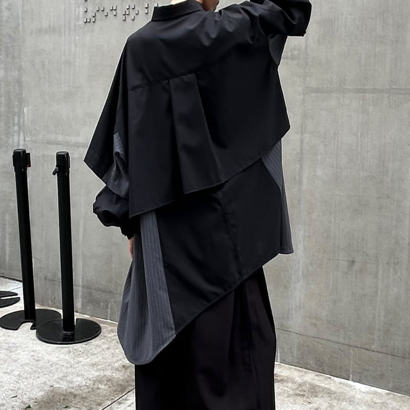 transit par such ロングシャツ　ウエスト紐ベルト付き CRUSHED RIB STITCH CURVED HEM HOODIE(S Black): Vintage 1.2