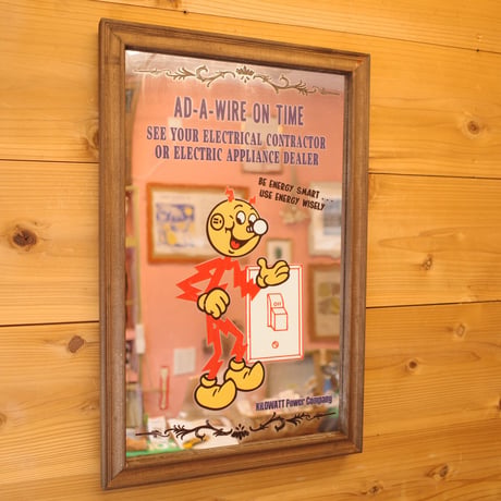 新品 REDDY KILOWATT  レディキロワット ウッド パブミラー PUB  MIRROR  アメリカン カフェ バー ガレージ  アドキャラ 木製