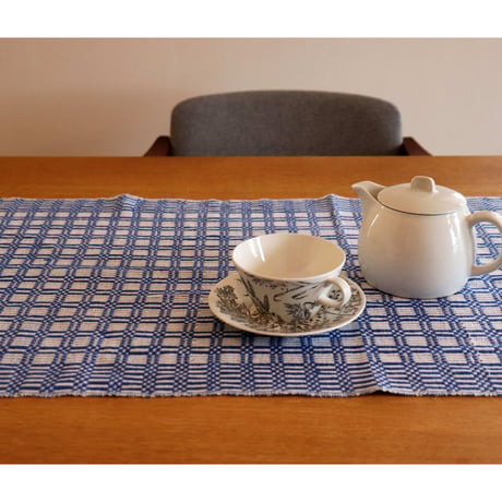 Handwoven table runner / blue monk belt weaving