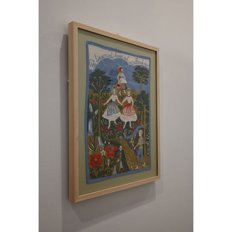 Vintage handprinted textile  tapestry (frame included)  'Girls in Smaland'