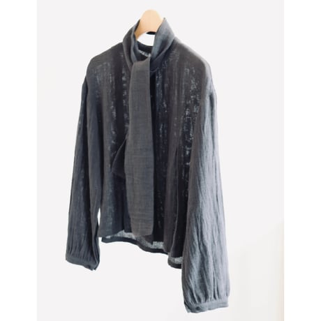miho umezawa linen cotton panama band collar blouse with tie