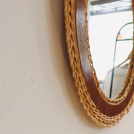 vintage teak and rattan mirror