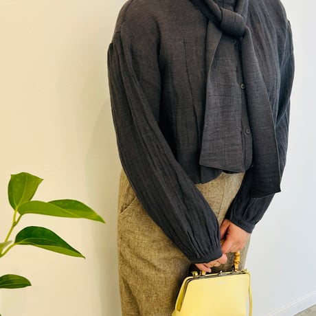 miho umezawa linen cotton panama band collar blouse with tie
