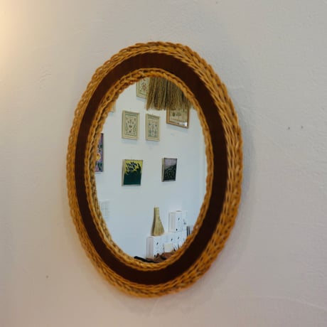 vintage teak and rattan mirror